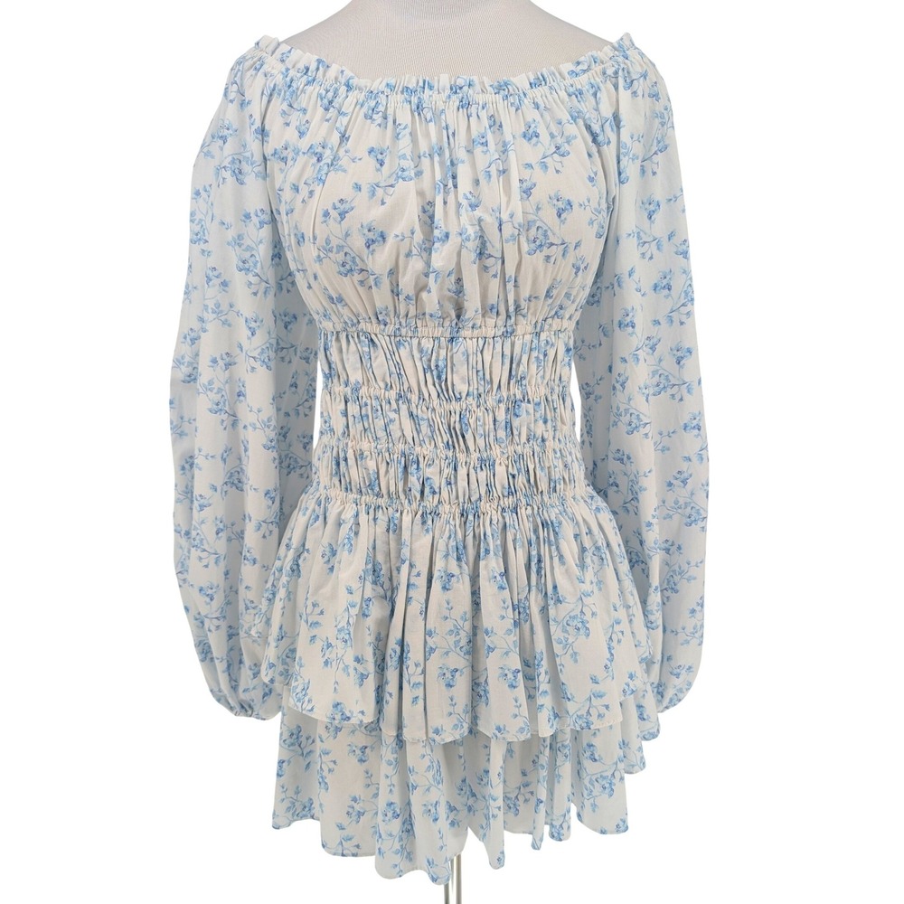 Caroline‎ Constas Sage Floral Mini Dress S Blue White Smocked Ruffled Coquette